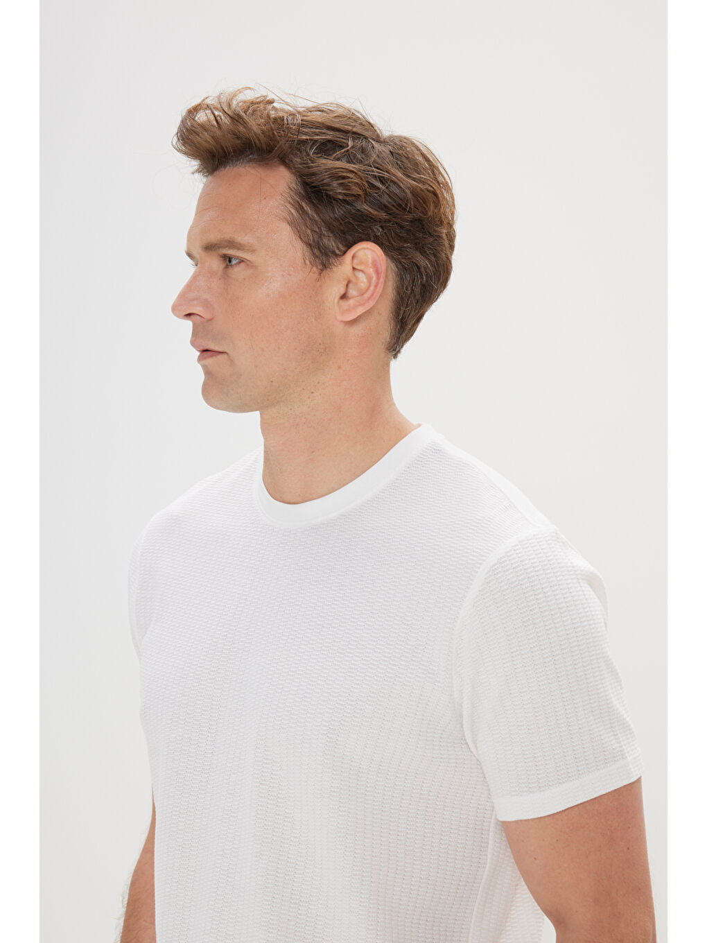 Erkek Beyaz Slim Fit Dar Kesim %100 Pamuk Armürlü Bisiklet Yaka Tişört-3
