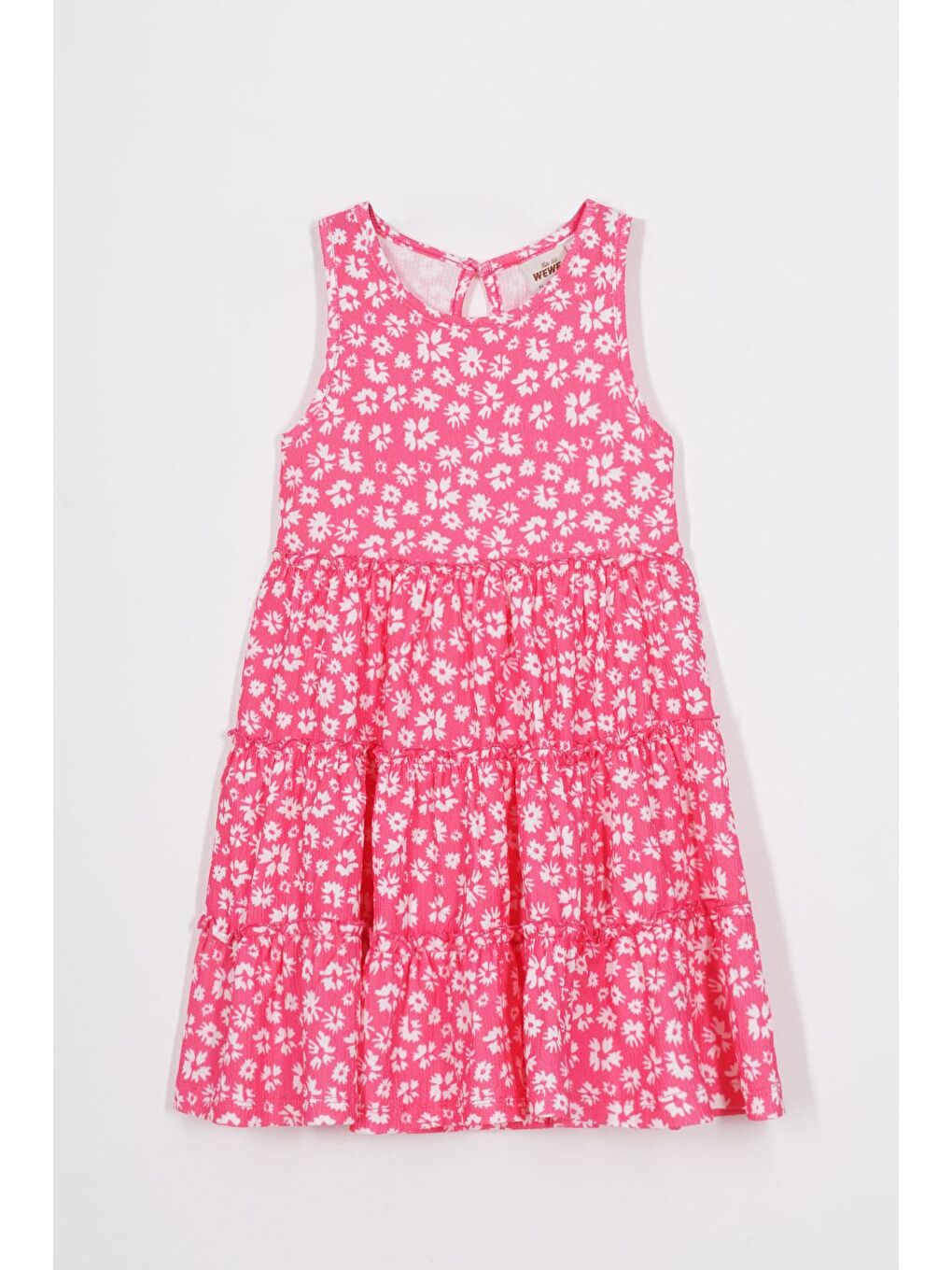 Bisiklet Yaka Çiçek Desenli Şapka Aksesuarlı Fuşya Renk Kız Çocuk Elbise-2
