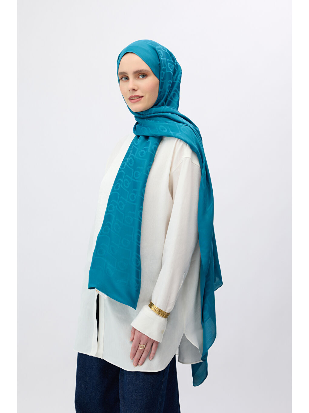 İpek Jakar Monogram Şal Petrol Mavisi-4