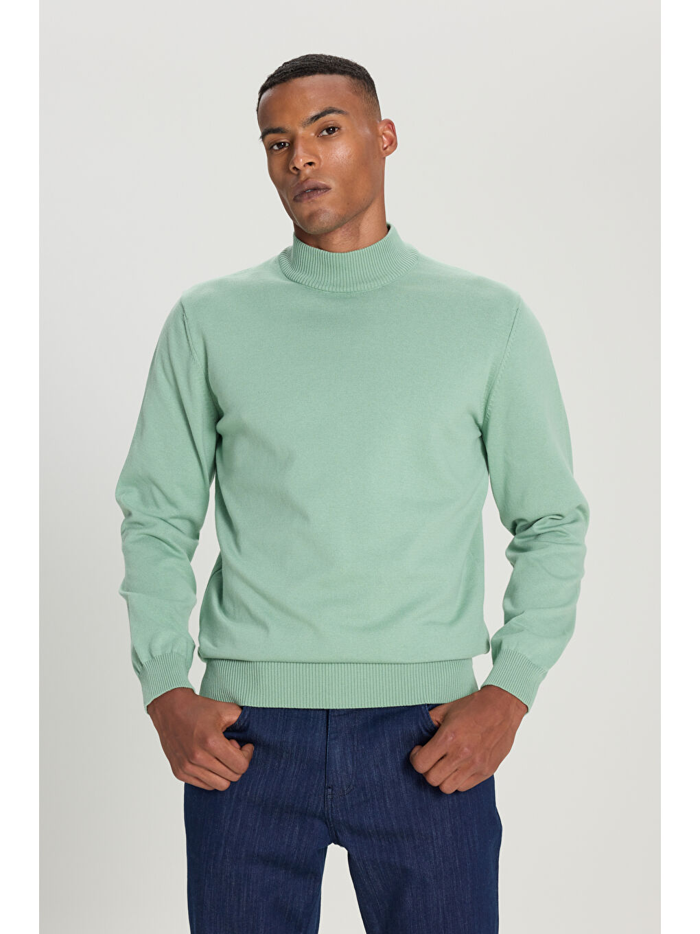 Erkek Su Yeşili Pamuklu Standart Fit Normal Kesim Yarım Balıkçı Yaka Triko Kazak