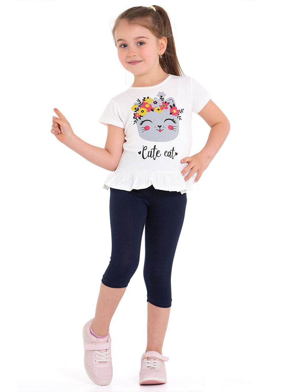 Bisiklet Yaka Kedi Baskılı Ekru Renk Kız Çocuk Taytlı Takım