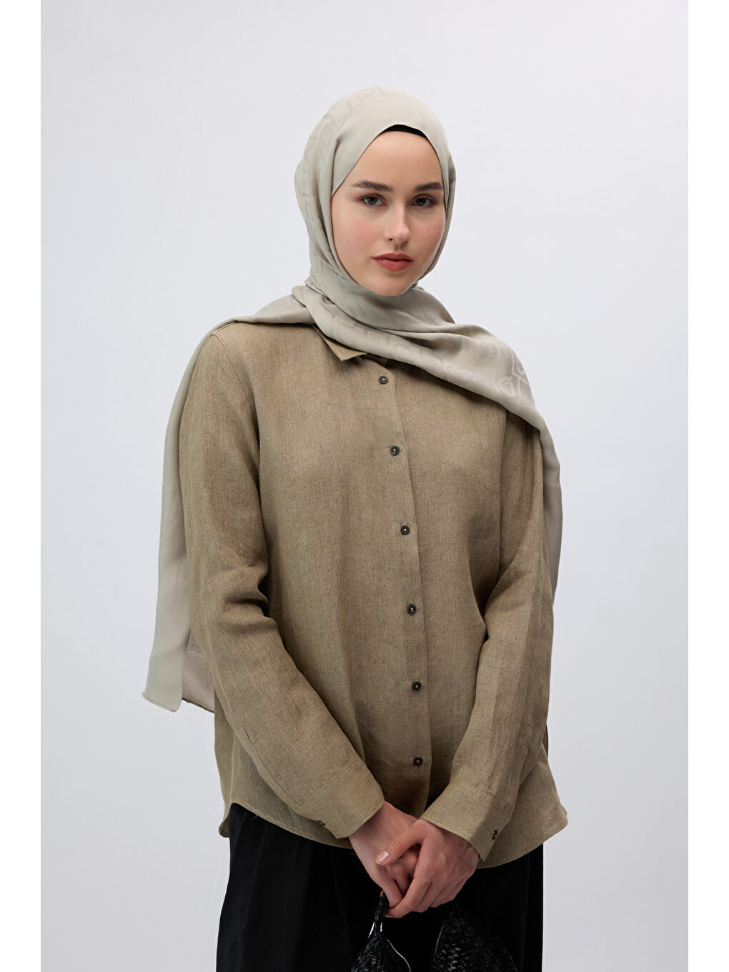 Bej İpek Jakar Monogram Şal Vizon-1