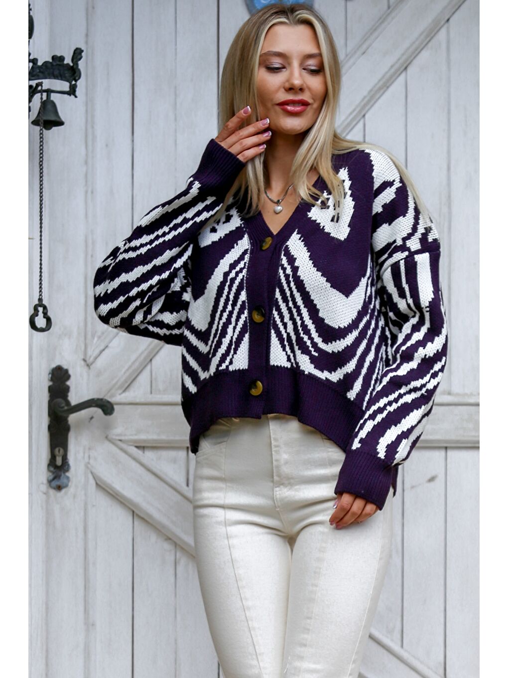 Mor-Beyaz Uzun Kol Desenli Düğmeli Triko Casual Hırka-2