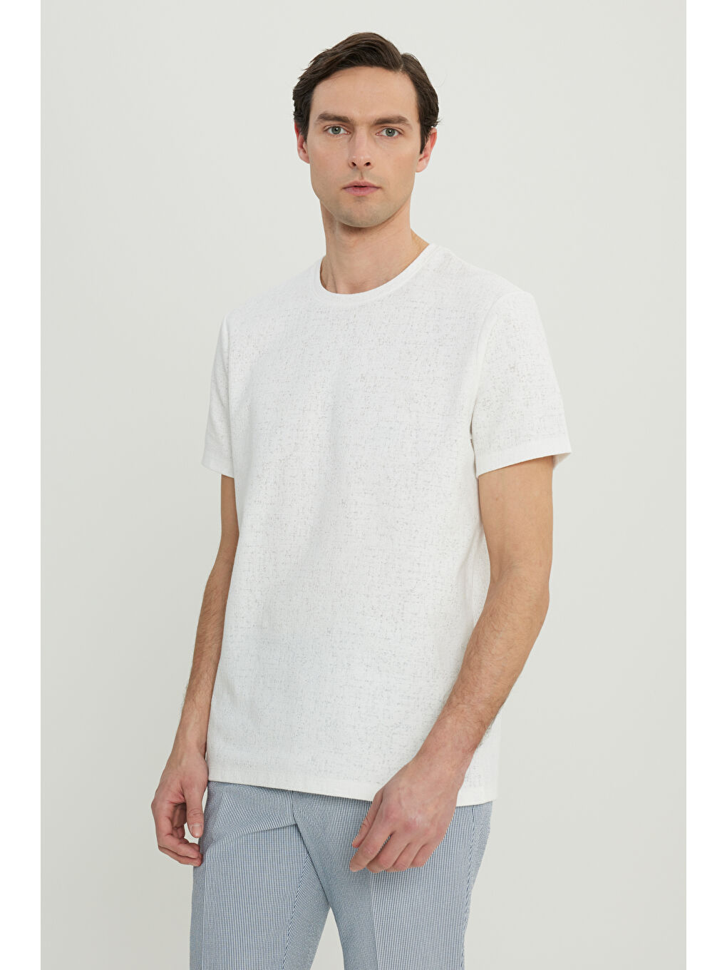 Erkek Ekru Pamuklu Slim Fit Dar Kesim Bisiklet Yaka Jakarlı Esnek Tişört