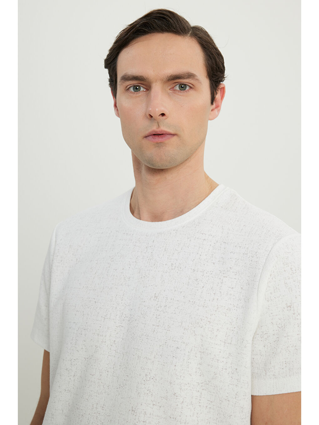 Erkek Ekru Pamuklu Slim Fit Dar Kesim Bisiklet Yaka Jakarlı Esnek Tişört-3