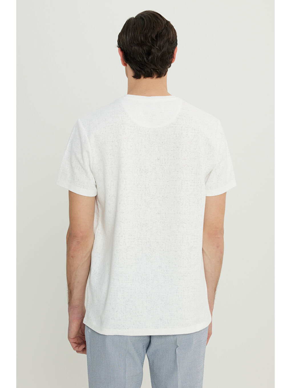 Erkek Ekru Pamuklu Slim Fit Dar Kesim Bisiklet Yaka Jakarlı Esnek Tişört-4