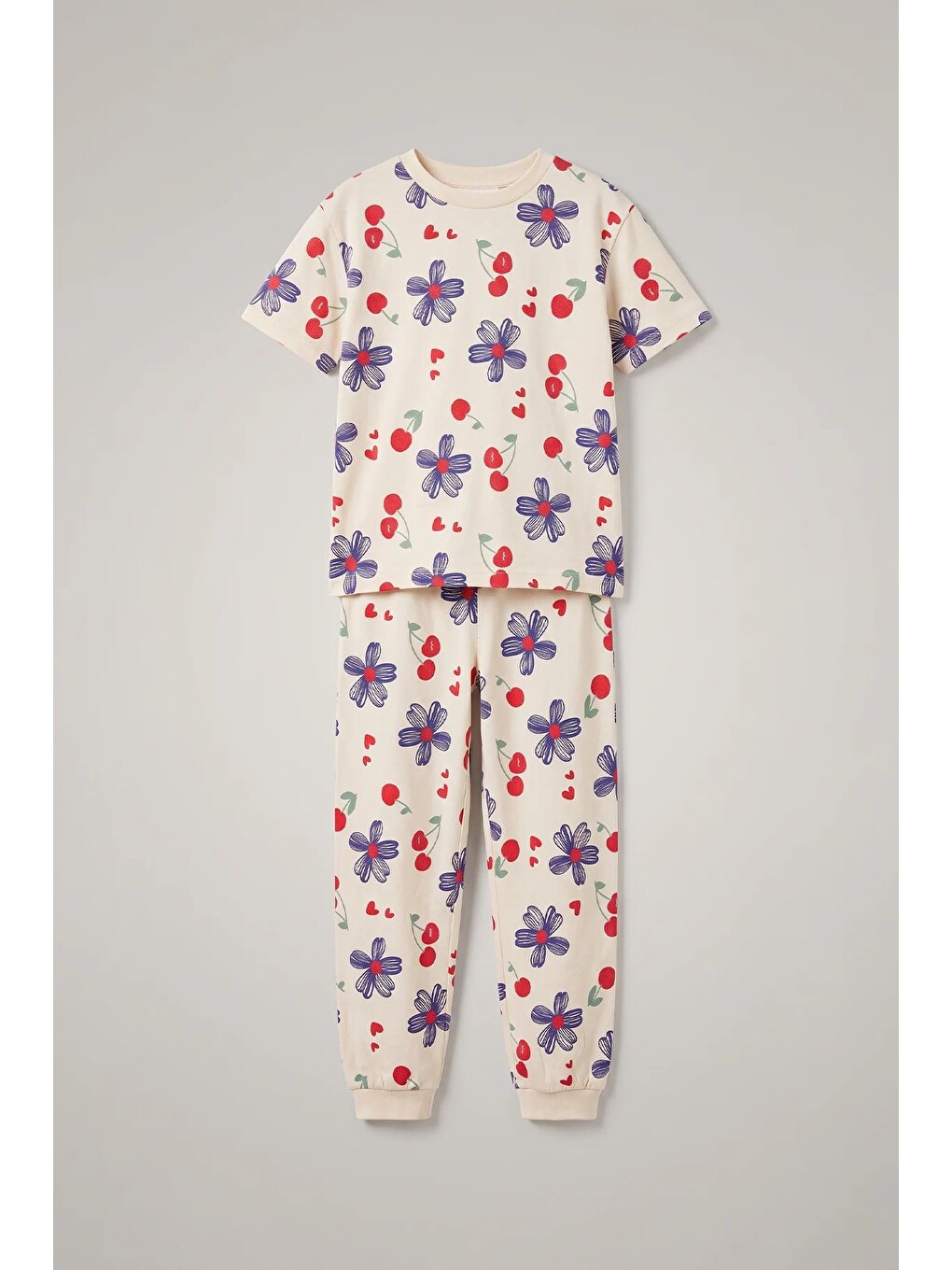 Kız Çocuk Lacivert Çiçek Ve Kiraz Desenli Kısa Kollu Beyaz Renk Pijama Takımı-6