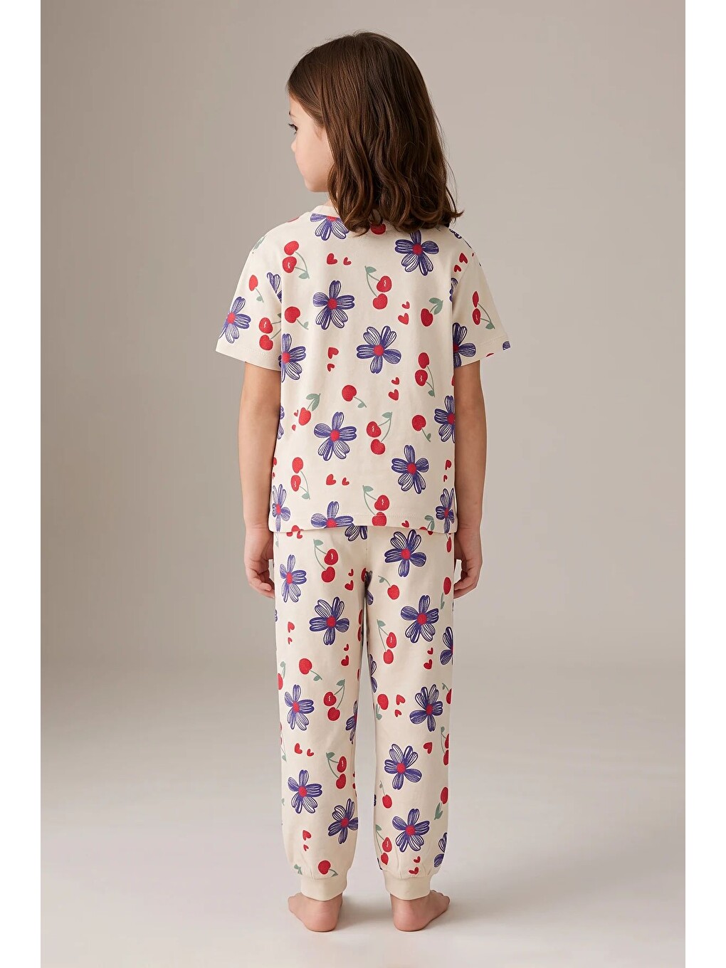 Kız Çocuk Lacivert Çiçek Ve Kiraz Desenli Kısa Kollu Beyaz Renk Pijama Takımı-7