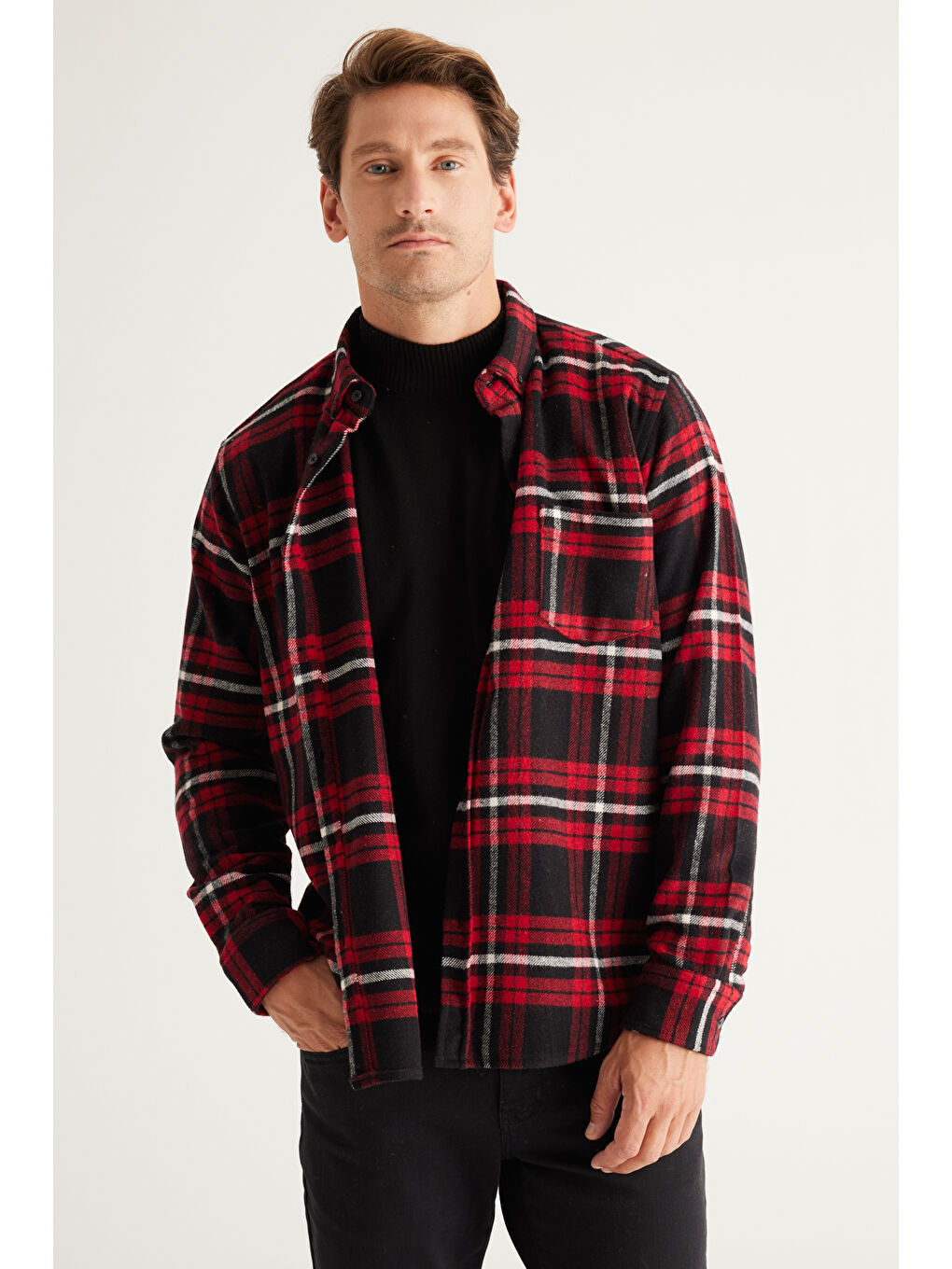 Erkek Bordo-Siyah Comfort Fit Geniş Kesim Düğmeli Yaka Ekose Desenli Flanel Gömlek