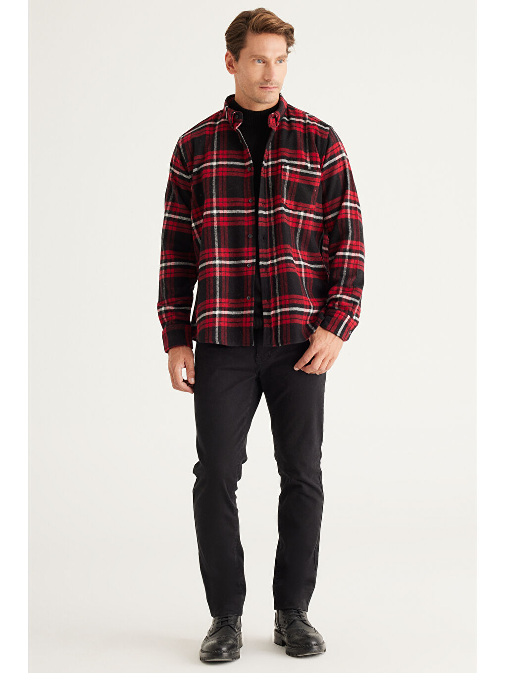 Erkek Bordo-Siyah Comfort Fit Geniş Kesim Düğmeli Yaka Ekose Desenli Flanel Gömlek-1
