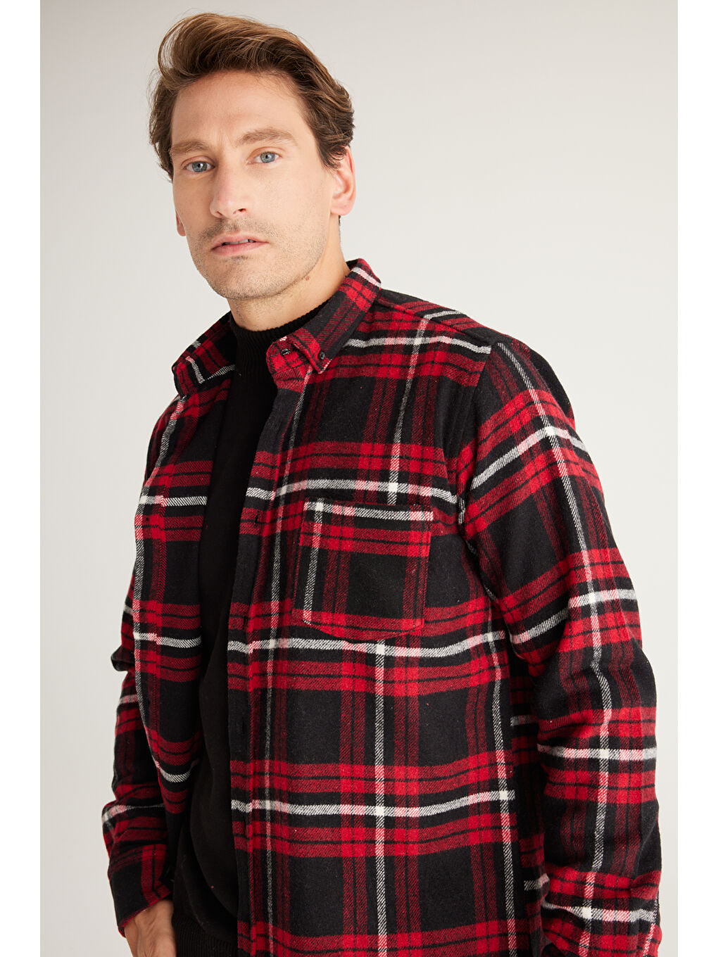 Erkek Bordo-Siyah Comfort Fit Geniş Kesim Düğmeli Yaka Ekose Desenli Flanel Gömlek-2