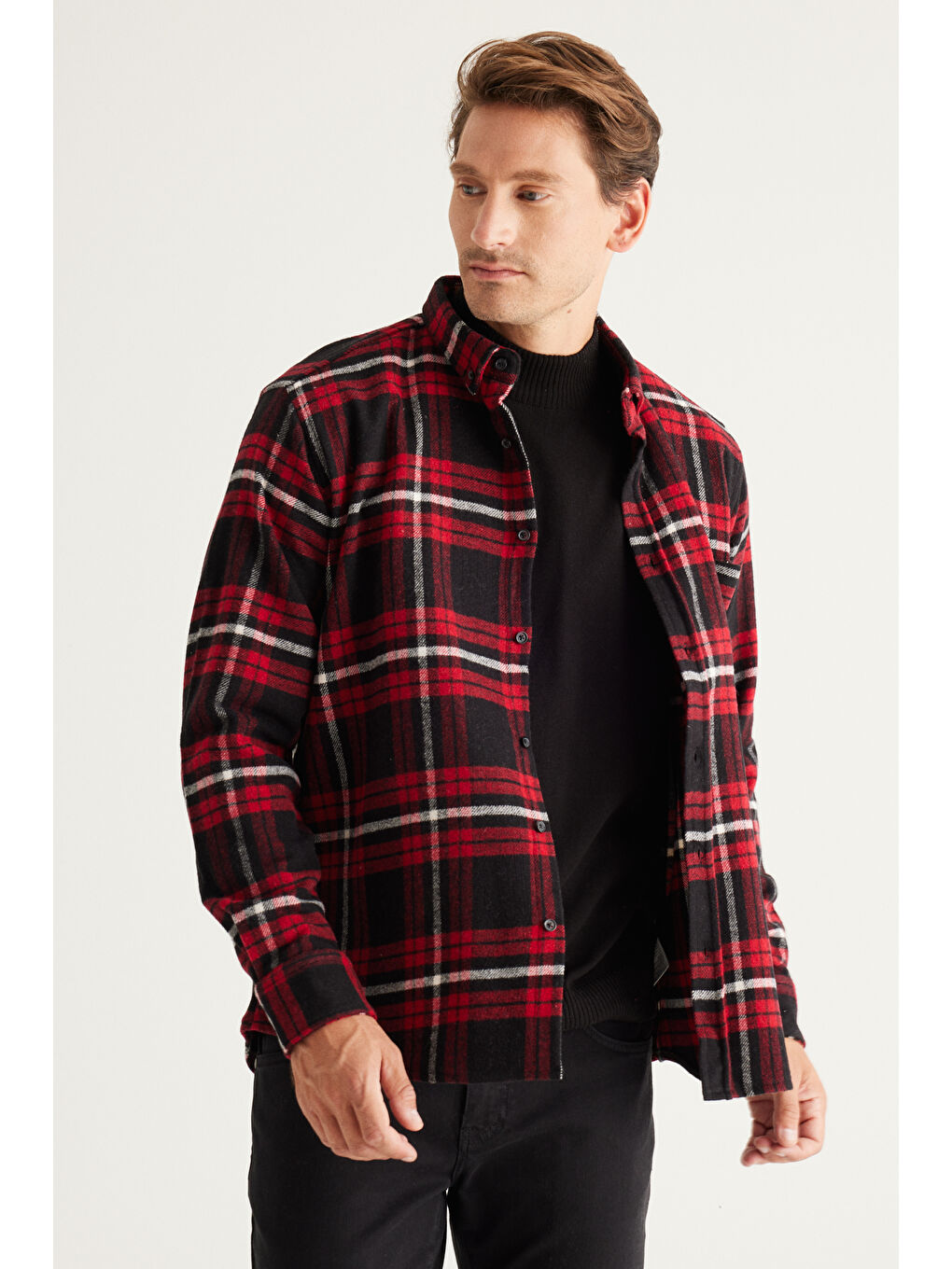 Erkek Bordo-Siyah Comfort Fit Geniş Kesim Düğmeli Yaka Ekose Desenli Flanel Gömlek-3