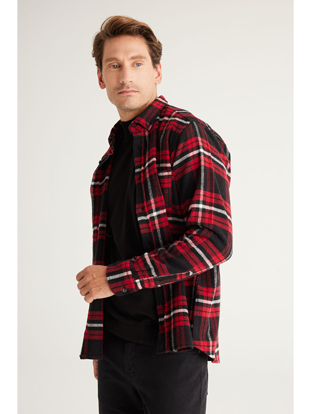 Erkek Bordo-Siyah Comfort Fit Geniş Kesim Düğmeli Yaka Ekose Desenli Flanel Gömlek-5