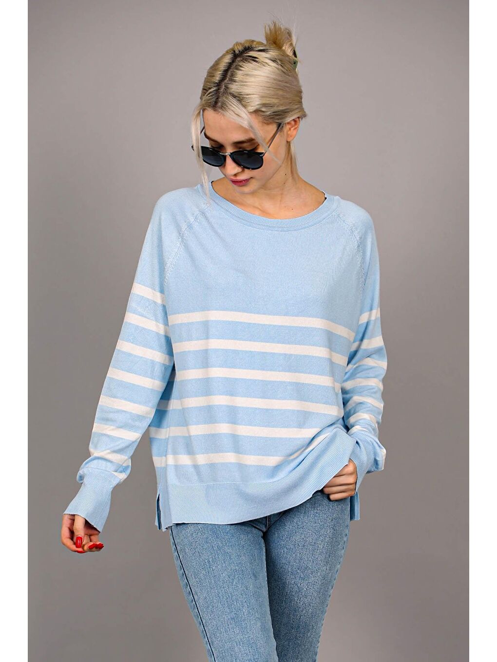 Mavi Bisiklet Yaka Çizgili Triko Kadın Kazak-1