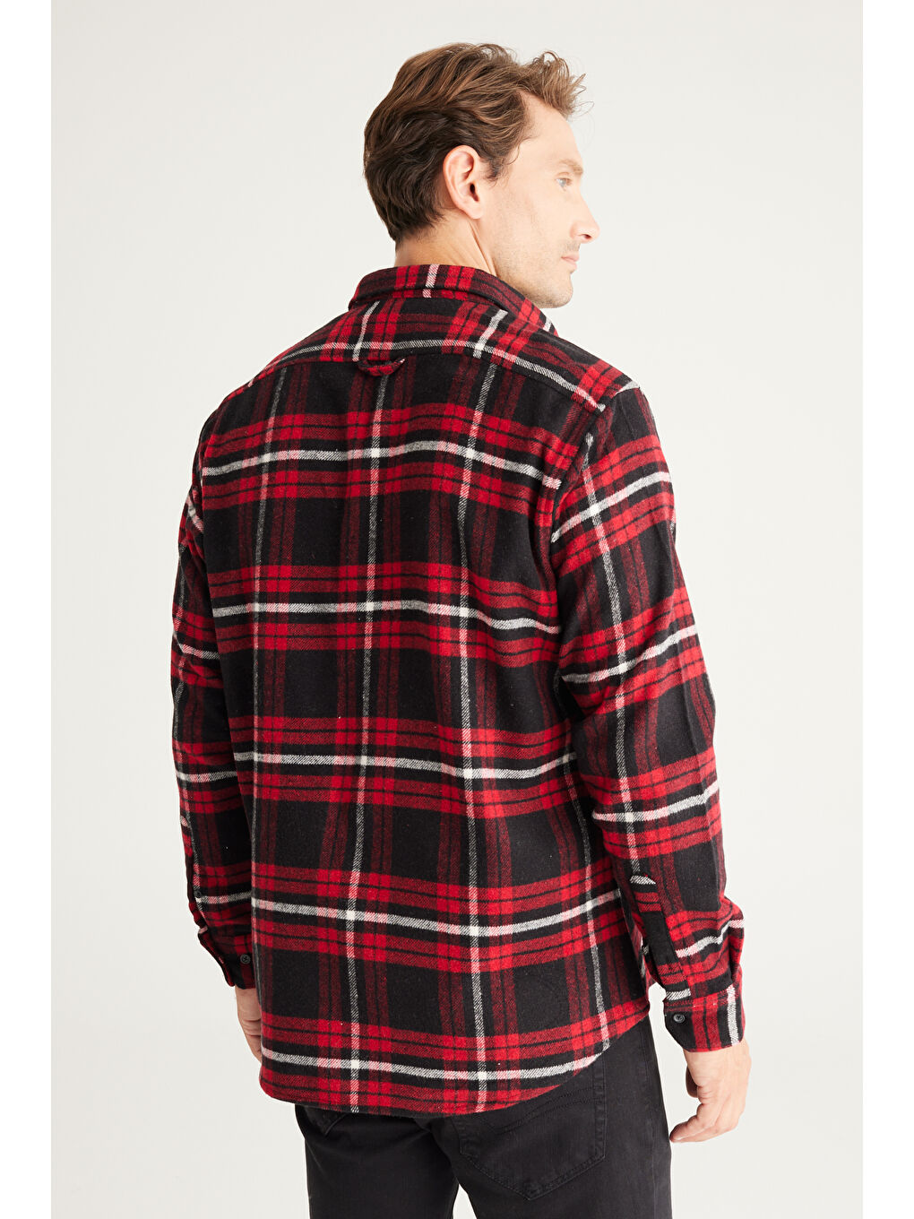 Erkek Bordo-Siyah Comfort Fit Geniş Kesim Düğmeli Yaka Ekose Desenli Flanel Gömlek-6