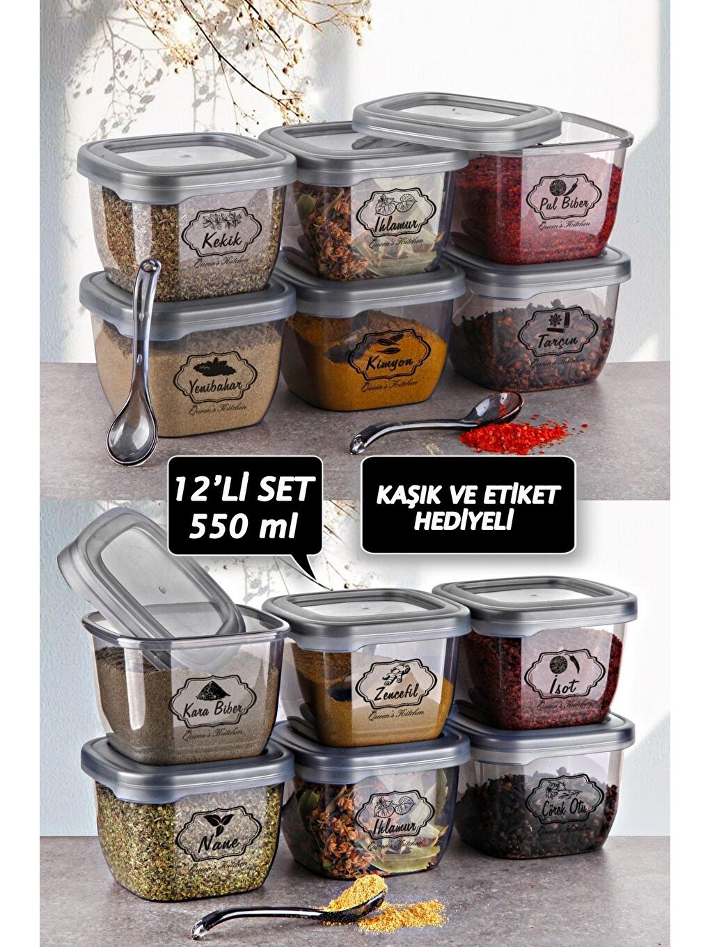 Queens Kitchen Şeffaf 12 Adet 550ml Kaşıklı ve Etiketli Saklama&Baharat Kabı