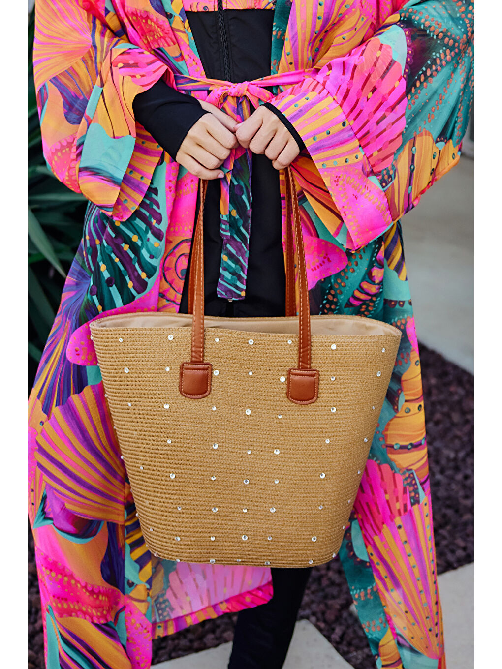 Kahverengi Taşlı Hasır Çanta Plaj Çantası 2006 Camel-1