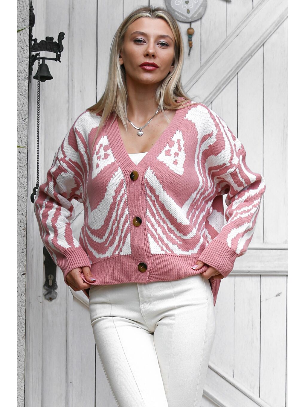 Chiccy Pembe-Beyaz Uzun Kol Desenli Düğmeli Triko Casual Hırka - 3