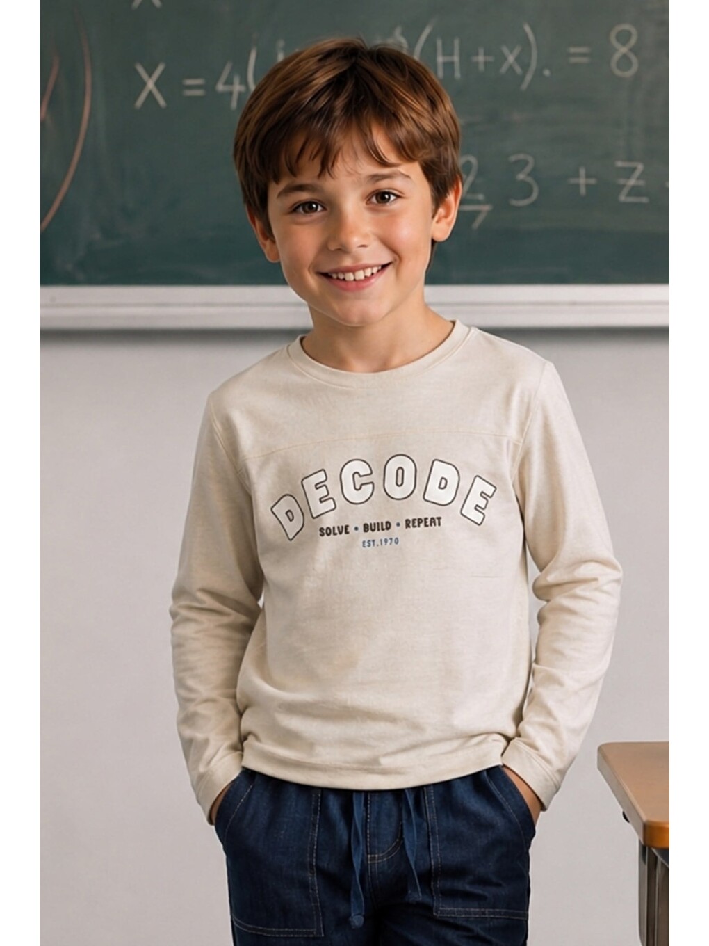 Erkek Çocuk Baskılı Uzun Kol T-Shirt - Bej-1