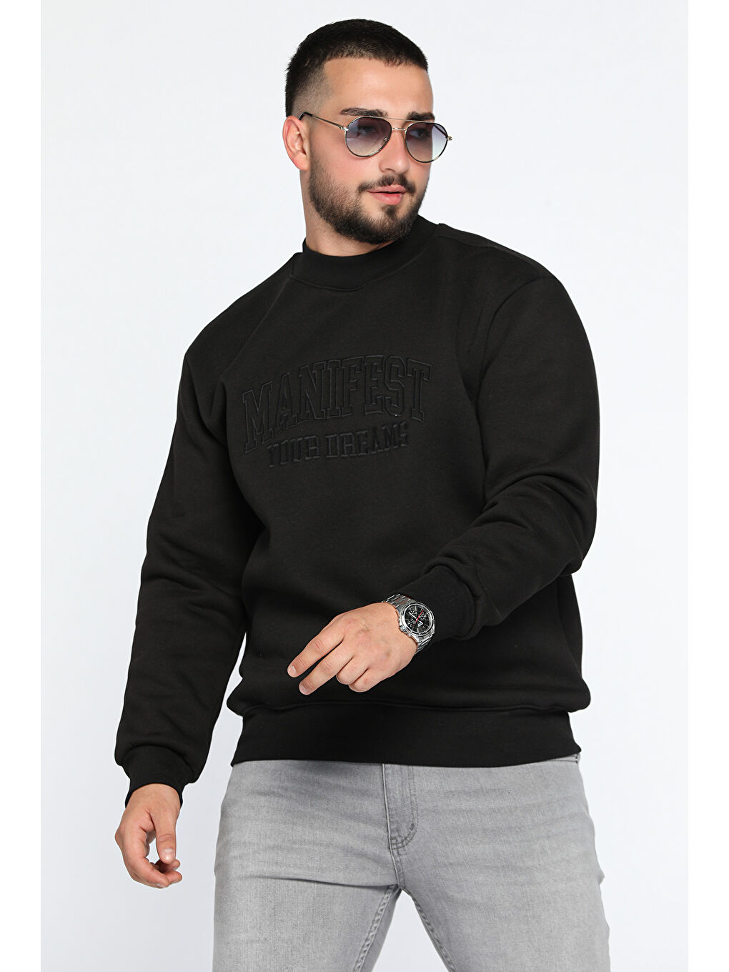 Mishar İtalia Siyah Bisiklet Yaka Nakışlı Üç İplik Şardonlu Erkek Sweatshirt