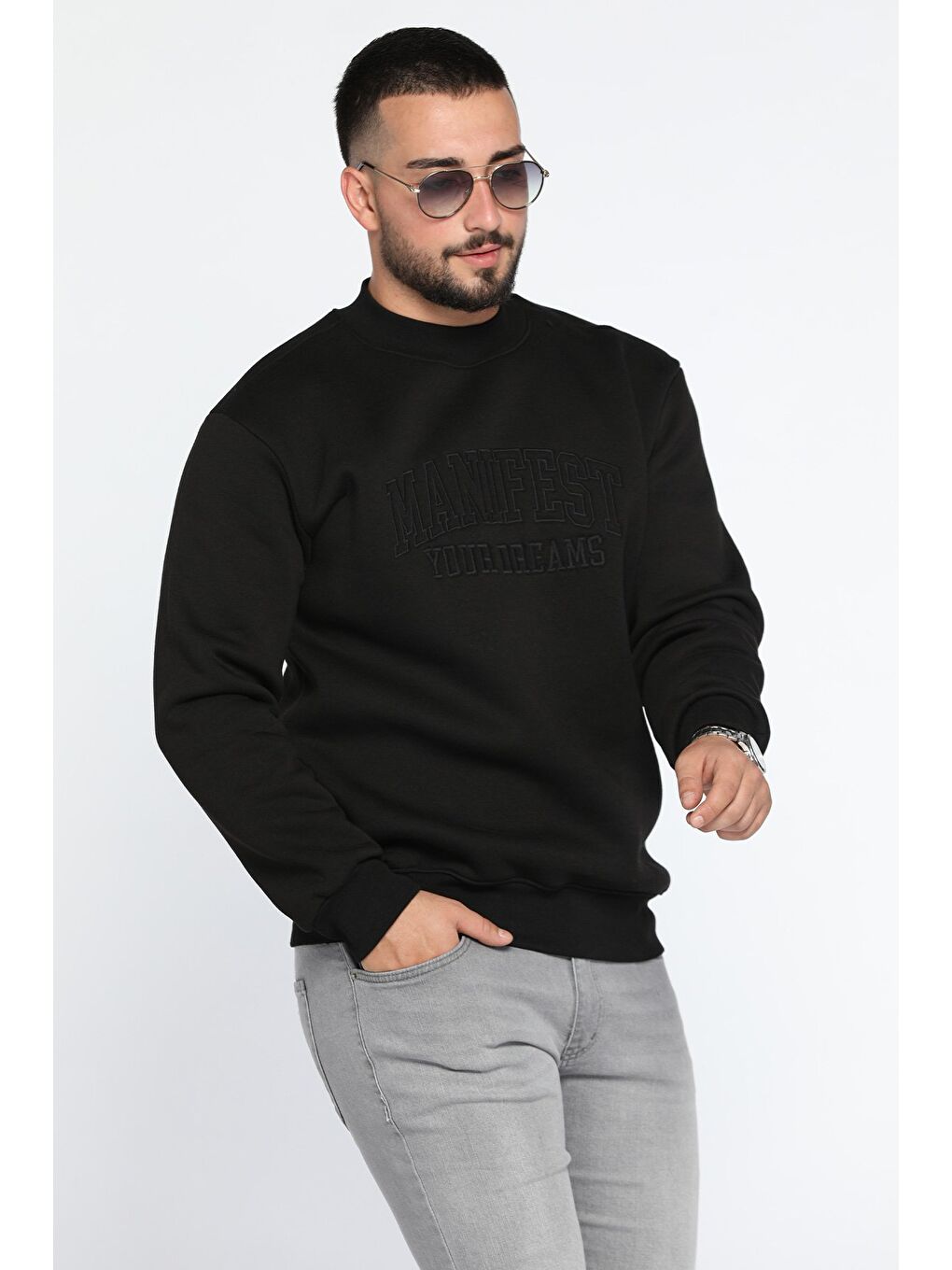 Mishar İtalia Siyah Bisiklet Yaka Nakışlı Üç İplik Şardonlu Erkek Sweatshirt - 1