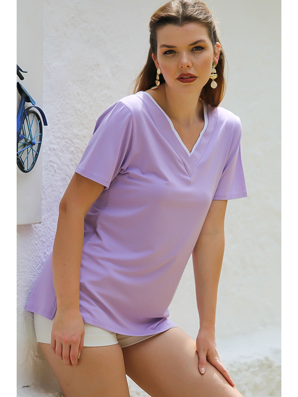 Chiccy Lila V Yaka Kısa Kol Örme Garnili Örme Casual Tişört