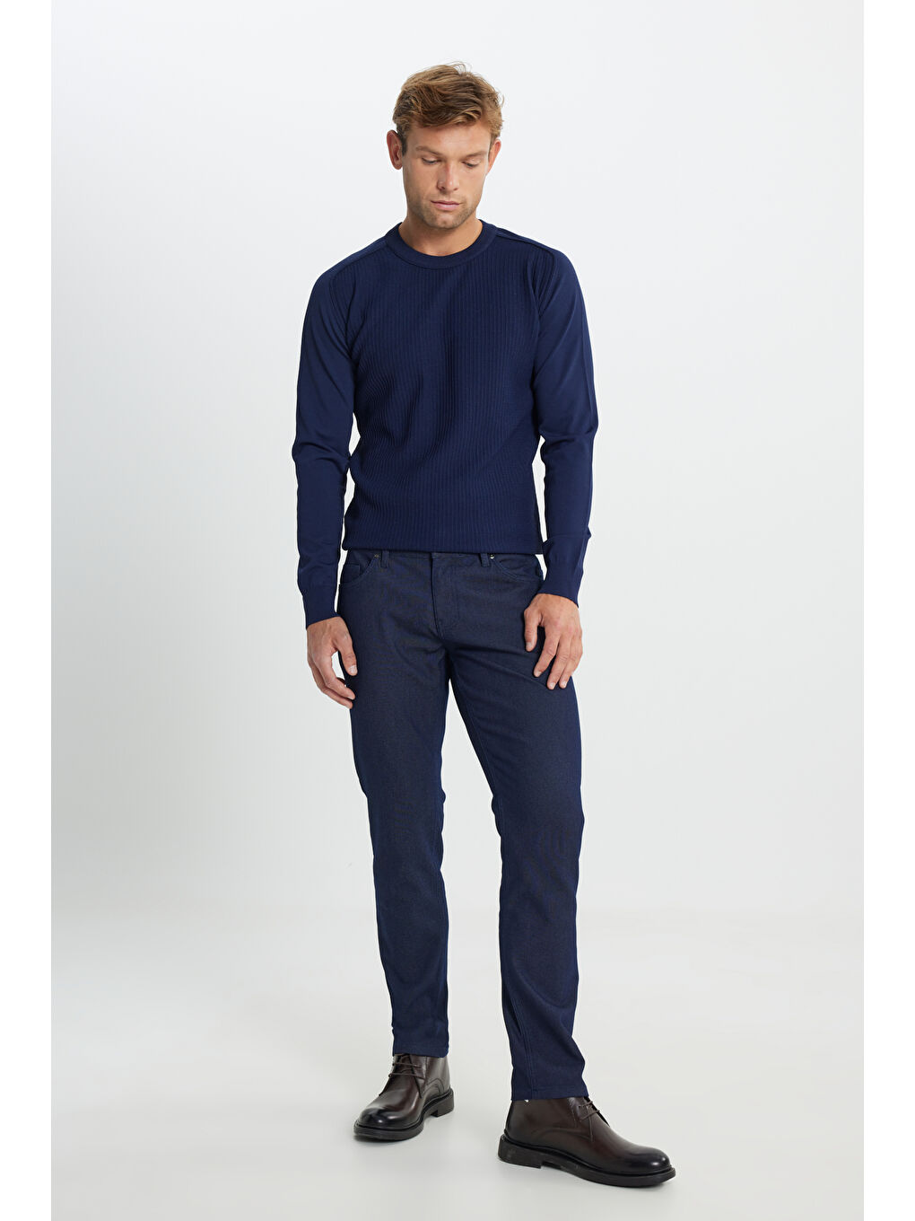 Erkek İndigo Pamuklu Slim Fit Dar Kesim 5 Cep Armürlü Denim Pantolon-2