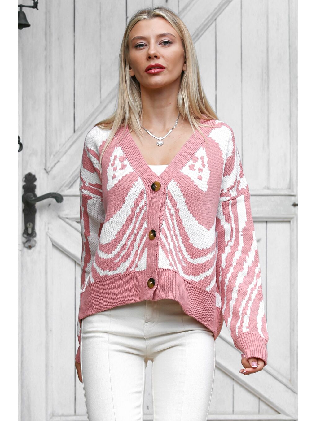Chiccy Pembe-Beyaz Uzun Kol Desenli Düğmeli Triko Casual Hırka - 5