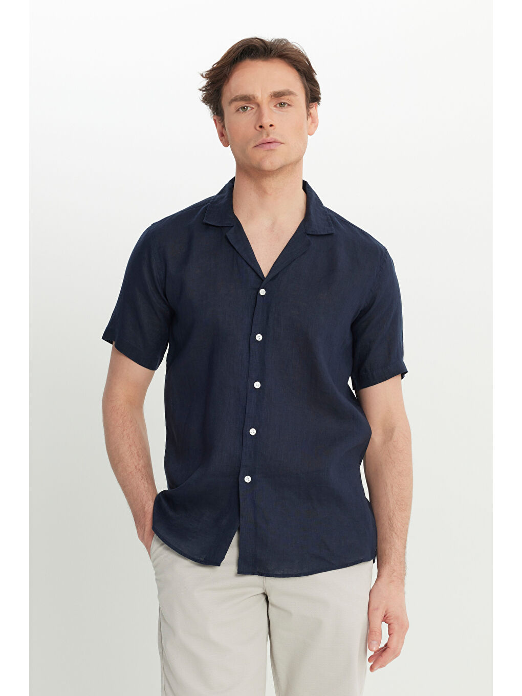 Erkek Lacivert Keten Comfort Fit Rahat Kesim Hawai Yaka Gömlek-2