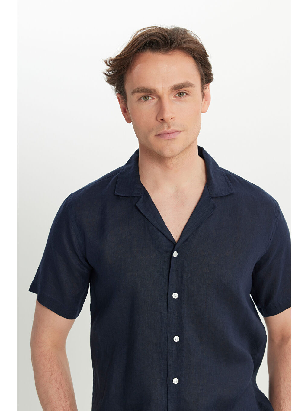 Erkek Lacivert Keten Comfort Fit Rahat Kesim Hawai Yaka Gömlek-3