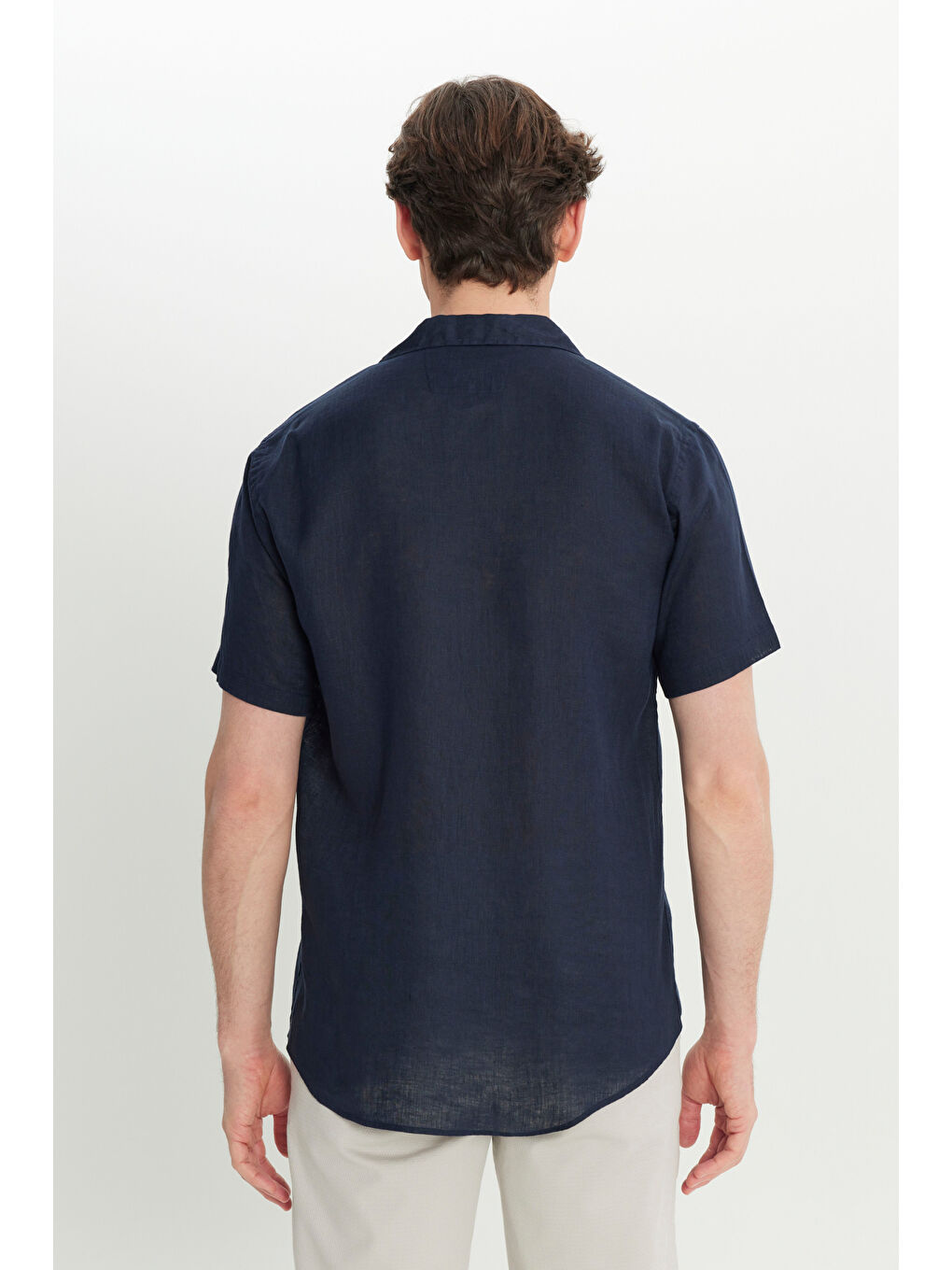 Erkek Lacivert Keten Comfort Fit Rahat Kesim Hawai Yaka Gömlek-4