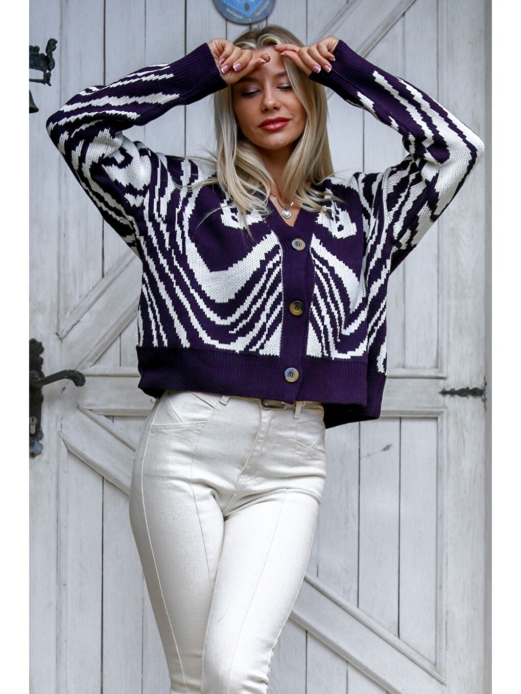 Mor-Beyaz Uzun Kol Desenli Düğmeli Triko Casual Hırka-5