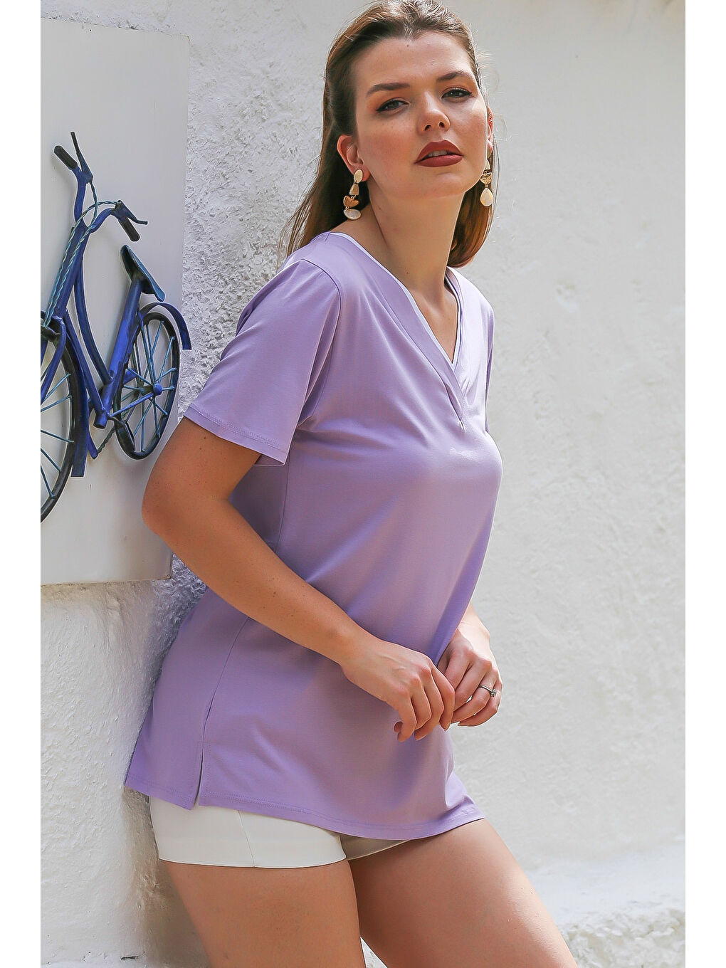 Chiccy Lila V Yaka Kısa Kol Örme Garnili Örme Casual Tişört - 1