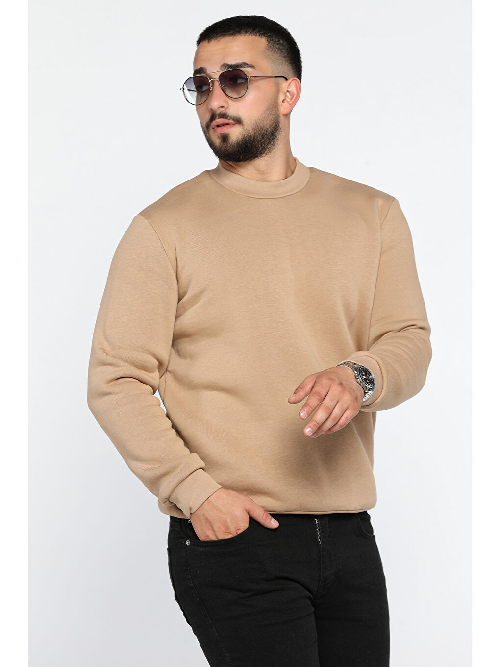 Mishar İtalia Bej Üç İplik Şardonlu Bisiklet Yaka Erkek Sweatshirt - 1