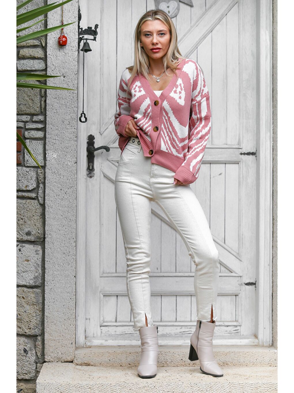 Chiccy Pembe-Beyaz Uzun Kol Desenli Düğmeli Triko Casual Hırka - 6