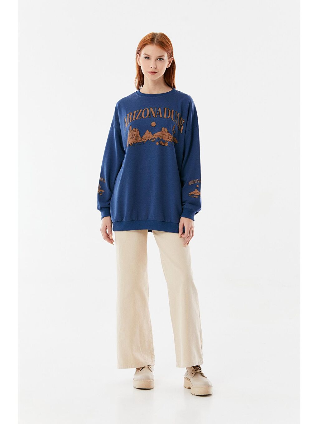 İndigo Baskılı Bisiklet Yaka Oversize Sweatshirt-1