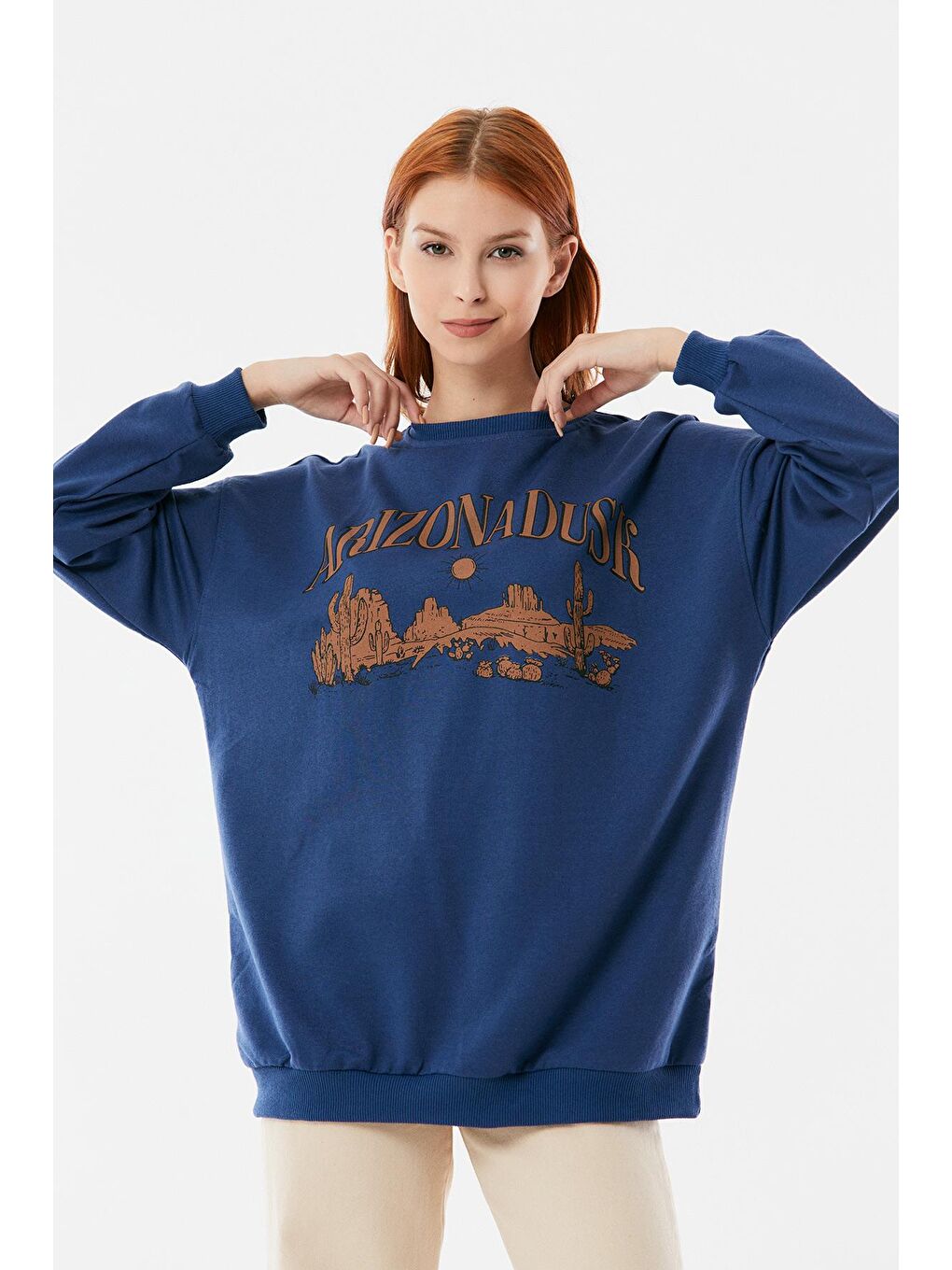 İndigo Baskılı Bisiklet Yaka Oversize Sweatshirt-2