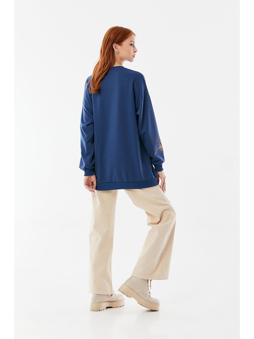 İndigo Baskılı Bisiklet Yaka Oversize Sweatshirt-4