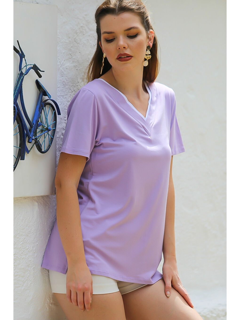 Chiccy Lila V Yaka Kısa Kol Örme Garnili Örme Casual Tişört - 2