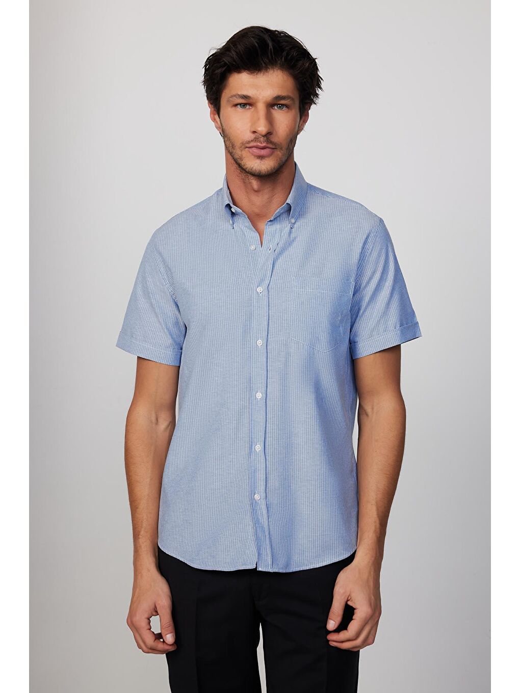 Erkek Regular Fit Klasik Kesim Pamuklu Tek Cepli Çizgili İndigo Düğmeli Yaka Gömlek-3