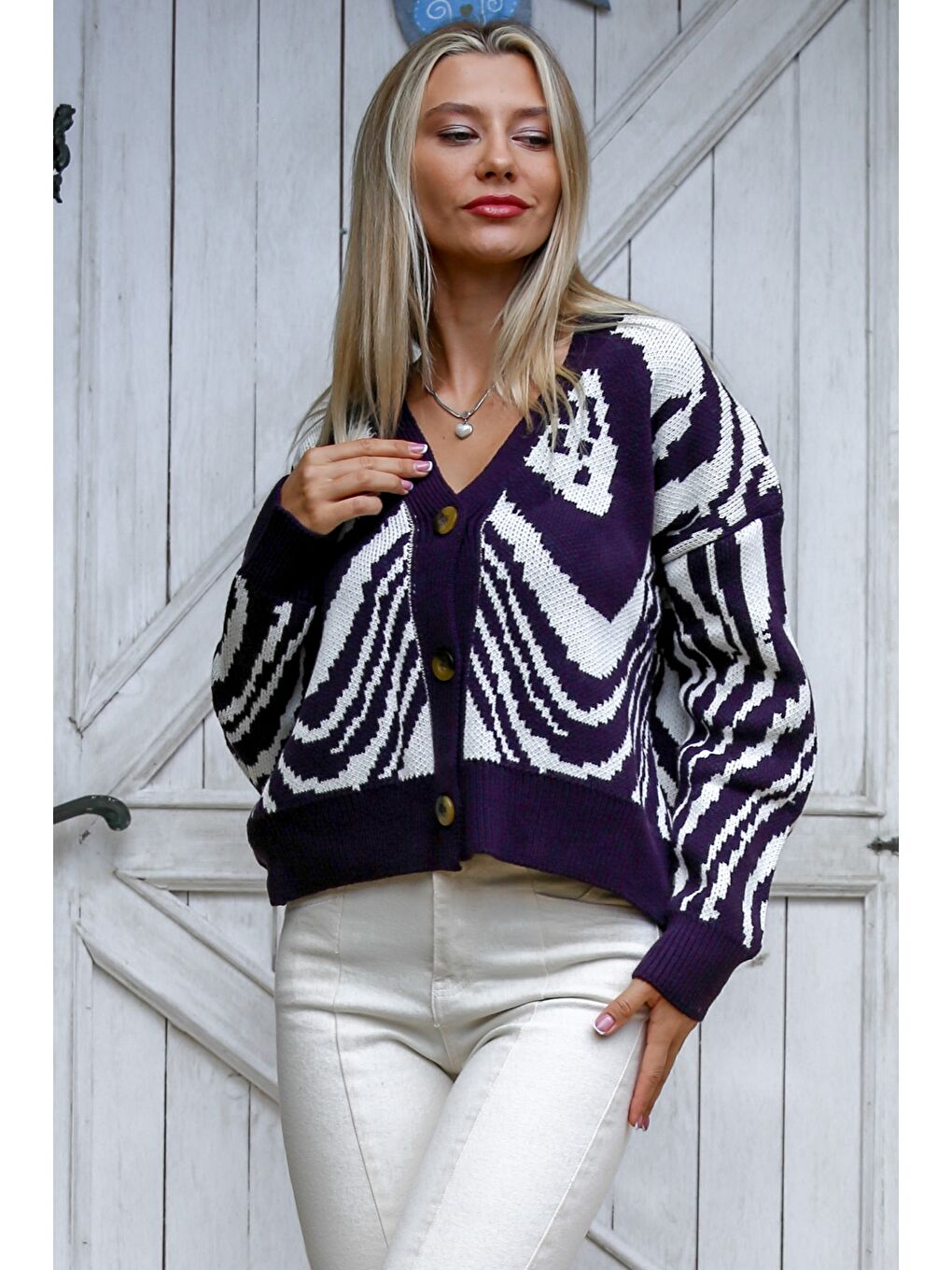 Mor-Beyaz Uzun Kol Desenli Düğmeli Triko Casual Hırka-6
