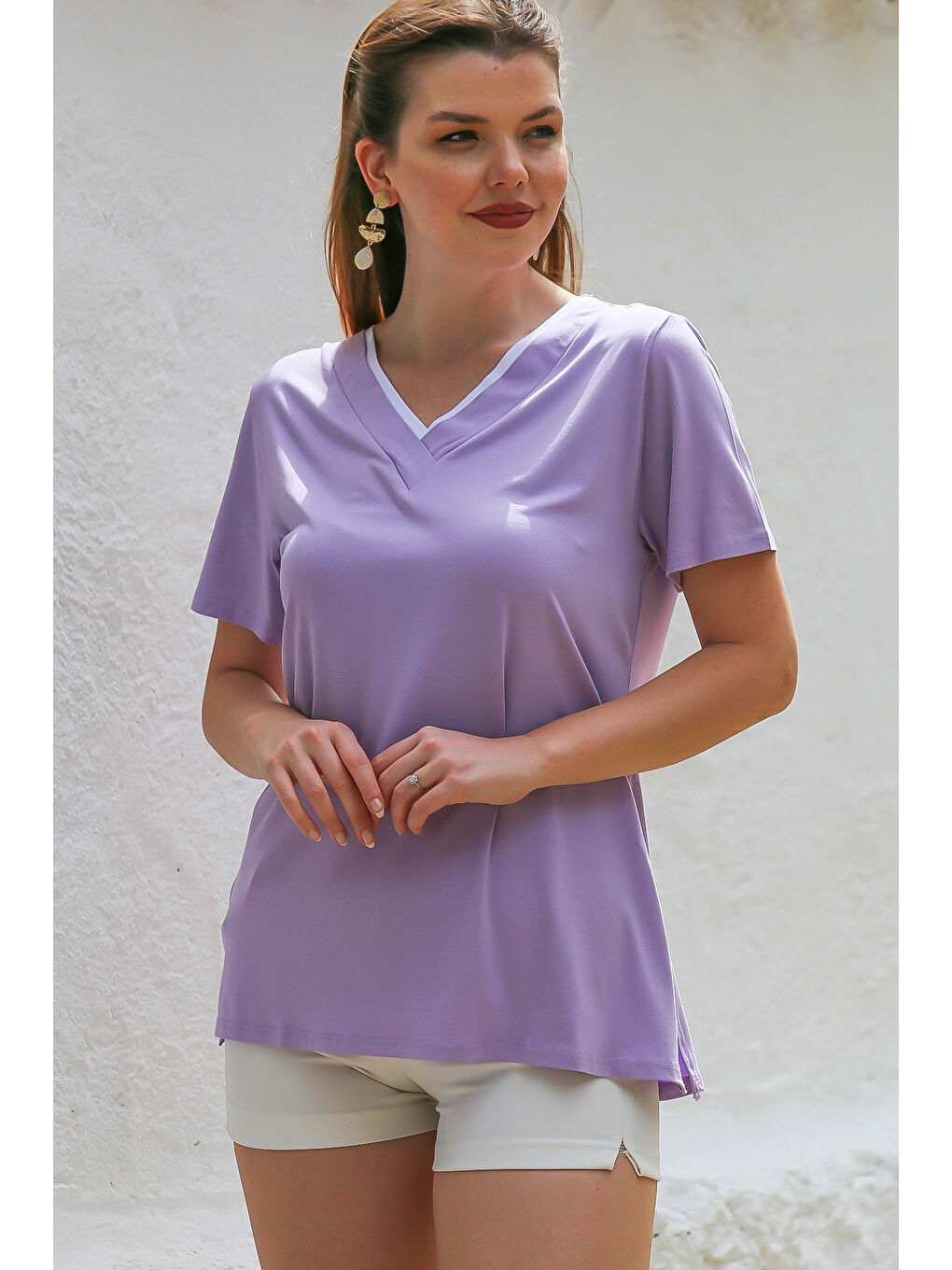 Chiccy Lila V Yaka Kısa Kol Örme Garnili Örme Casual Tişört - 3