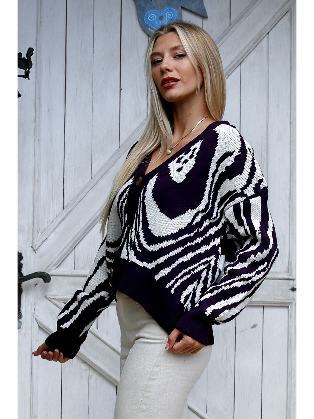 Mor-Beyaz Uzun Kol Desenli Düğmeli Triko Casual Hırka-7