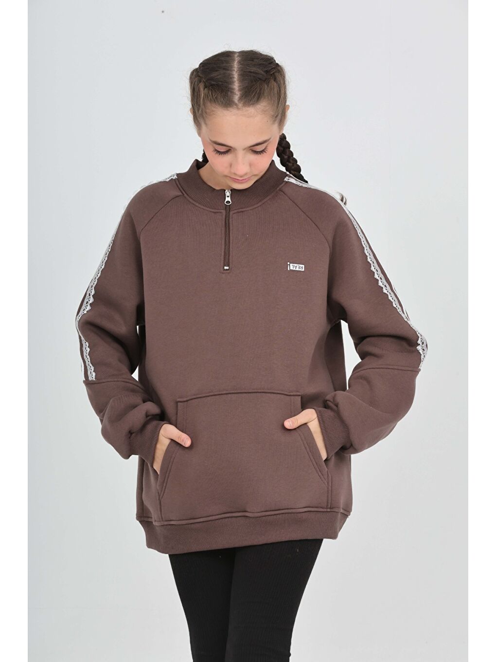 Kahverengi Kız Çocuk Relax Fit Yarım Balıkçı Yaka Reglan Kol Sweatshirt-3