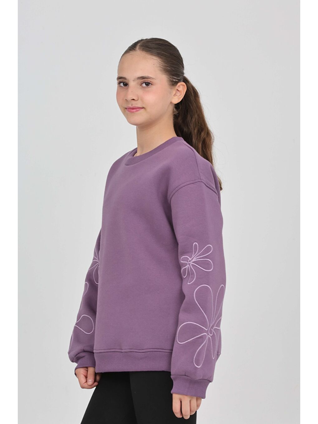 Mor Kız Çocuk Relax Fit Bisiklet Yaka Düşük Omuz Sweatshirt-2