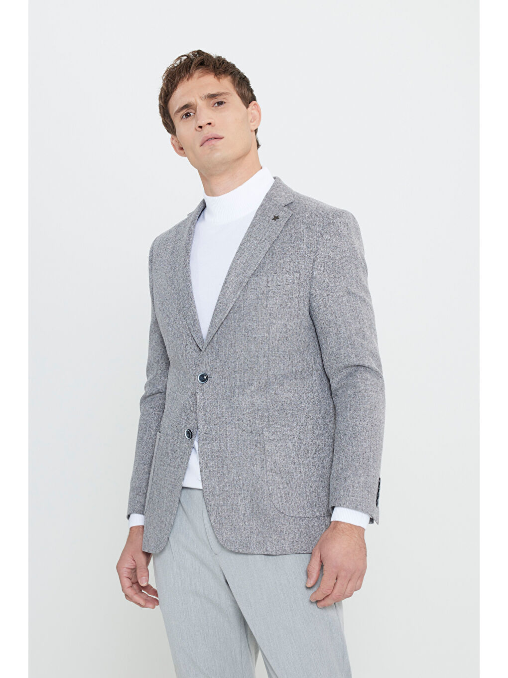 Erkek Gri Slim Fit Dar Kesim Mono Yaka Desenli Torba Cepli Ceket-2