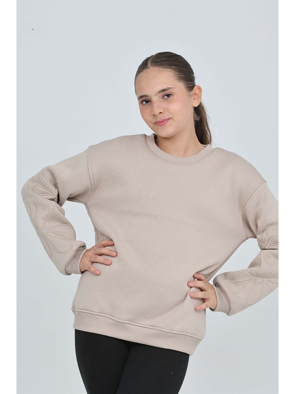 Bej Kız Çocuk Relax Fit Bisiklet Yaka Düşük Omuz Sweatshirt