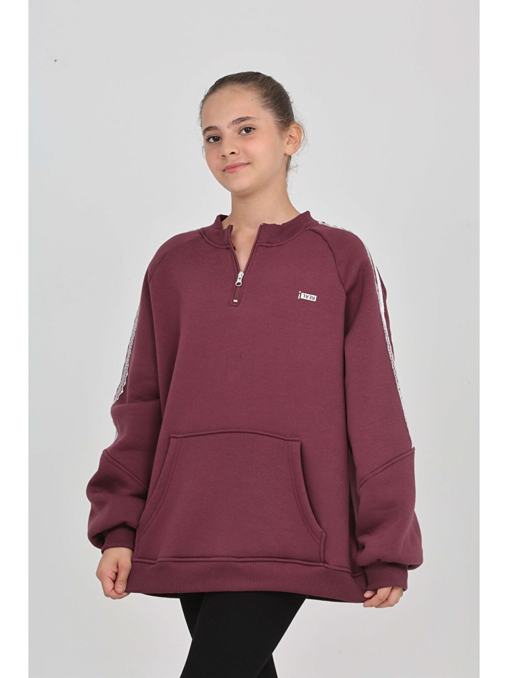 Mor Kız Çocuk Relax Fit Yarım Balıkçı Yaka Reglan Kol Sweatshirt