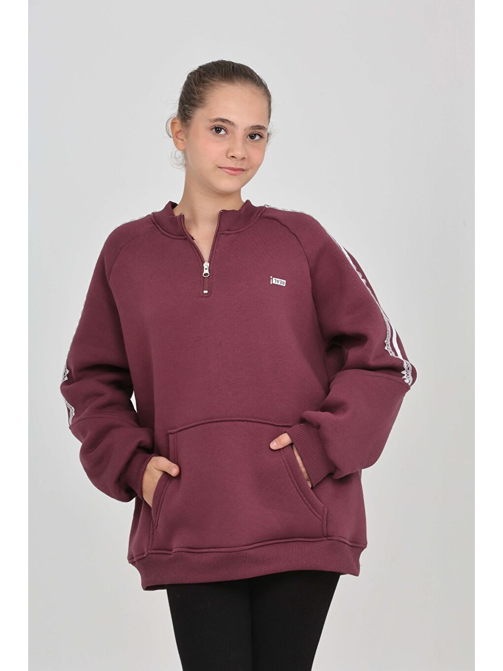 Mor Kız Çocuk Relax Fit Yarım Balıkçı Yaka Reglan Kol Sweatshirt-1