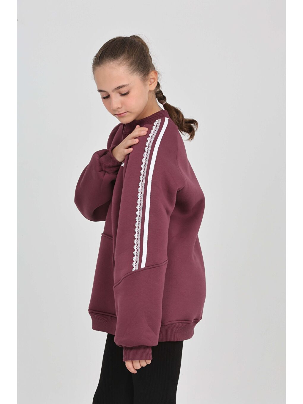 Mor Kız Çocuk Relax Fit Yarım Balıkçı Yaka Reglan Kol Sweatshirt-2